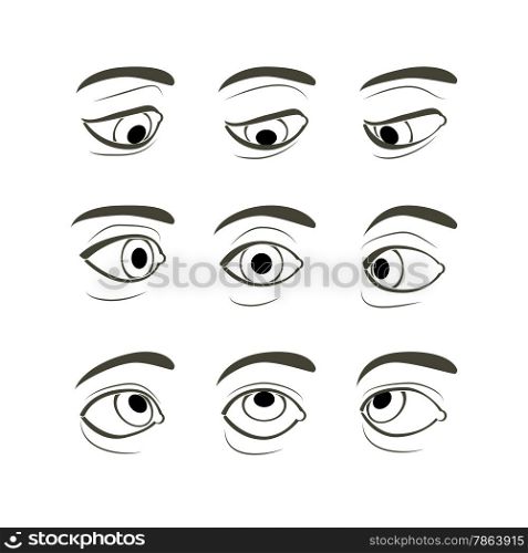 Front View of the Right Human Eye in Nine View Modes: Front, Sides (Left and Right), Up, Down, Up and Sides(Left and Right), Down and Sides(Left and Right)