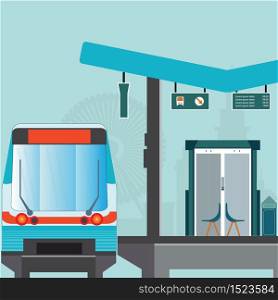 Front view of Train station platform of subway or sky train, business travel, transportation vector illustration.