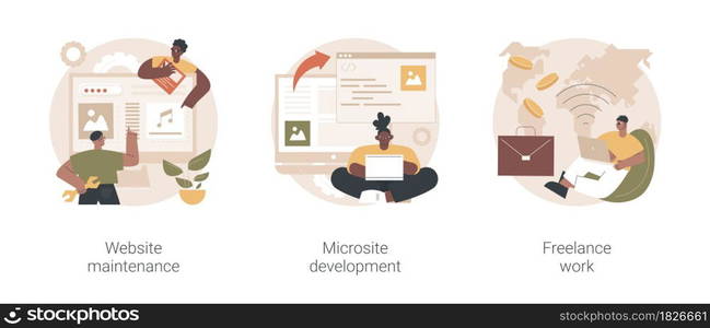 Frontend development abstract concept vector illustration set. Website maintenance, microsite development, freelance work, webpage seo, graphic design, landing page, remote work abstract metaphor.. Frontend development abstract concept vector illustrations.