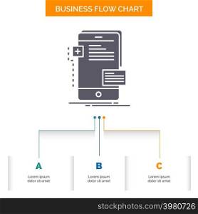 frontend, interface, mobile, phone, developer Business Flow Chart Design with 3 Steps. Glyph Icon For Presentation Background Template Place for text.