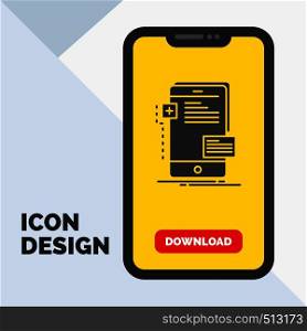 frontend, interface, mobile, phone, developer Glyph Icon in Mobile for Download Page. Yellow Background. Vector EPS10 Abstract Template background