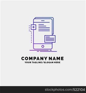 frontend, interface, mobile, phone, developer Purple Business Logo Template. Place for Tagline. Vector EPS10 Abstract Template background