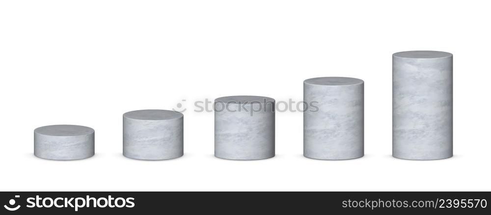 Frost 3d cylinders. Cylinders front view set. Grey pedestals 3d. 3d vector.. Frost grey 3d cylinders front view and levels with perspective isolated on grey background.
