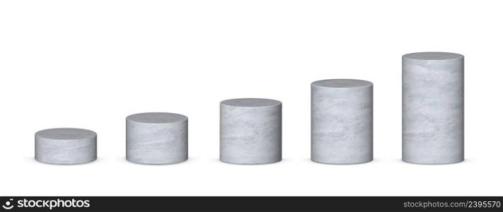 Frost 3d cylinders. Cylinders front view set. Grey pedestals 3d. 3d vector.. Frost grey 3d cylinders front view and levels with perspective isolated on grey background.