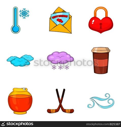 Frost holiday icons set. Cartoon set of 9 frost holiday vector icons for web isolated on white background. Frost holiday icons set, cartoon style