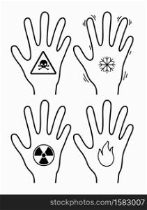 Frostbite, burn, radiation and poisoning of limbs. Contour silhouette of hands with a snowflake, fire, poison and radiation icon. Vector object for icons, logos, infographics and your design.. Frostbite, burn, radiation and poisoning of limbs. Contour silhouette of hands with a snowflake, fire, poison and radiation icon. Vector object