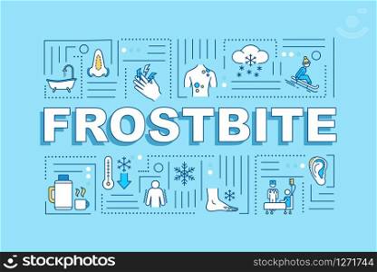 Frostbite first aid and therapy, hypothermia treatment word concepts banner. Infographics with linear icons on blue background. Isolated typography. Vector outline RGB color illustration