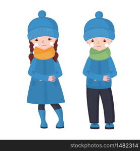 Frostbite girl and boy in cartoon style isolated on white background. Vector illustration.. Frostbite girl and boy in cartoon style isolated on white background.