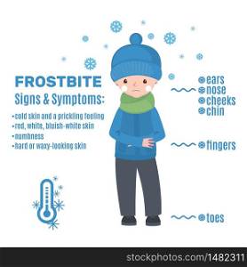 Frostbite infographic in cartoon style isolated on white background. Vector illustration.. Frostbite infographic in cartoon style isolated on white background.