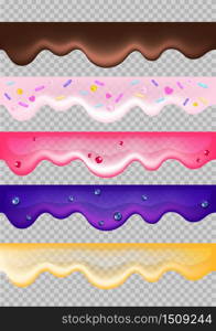 Frostings, pastry glazings, dessert ingredients realistic vector illustrations set. Sugar confectionery, delicious jams. Bakery decorations, caramel 3d isolated objects on transparent background. Frostings, pastry glazings, dessert ingredients realistic vector illustrations set