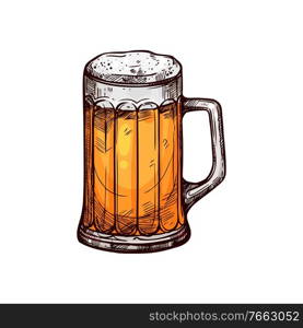 Frosty beer or ale in mug isolated alcohol drink sketch. Vector Oktoberfest beverage, lager in glass dishware. Beer in mug with foam alcohol drink, vector