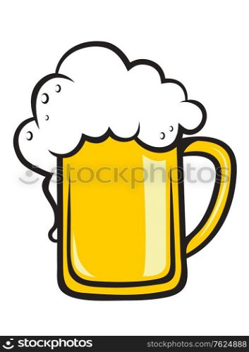 Frothy tankard of golden beer with a good head of froth overflowing the glass, isolated on white