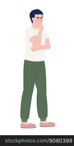 Frowning man standing in thinking pose semi flat color vector character. Editable figure. Full body person on white. Simple cartoon style spot illustration for web graphic design and animation. Frowning man standing in thinking pose semi flat color vector character