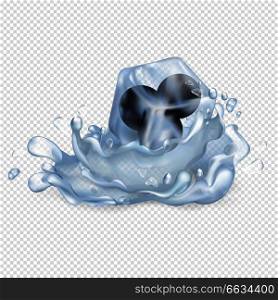 Frozen blueberries in glossy ice cube drop in water with big splash isolated vector illustration on transparent background.. Blueberries in Ice Cube Isolated Illustration