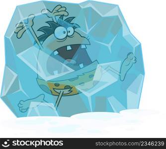 Frozen Caveman Cartoon Character In A Block Of Ice. Vector Hand Drawn Illustration Isolated On White Background