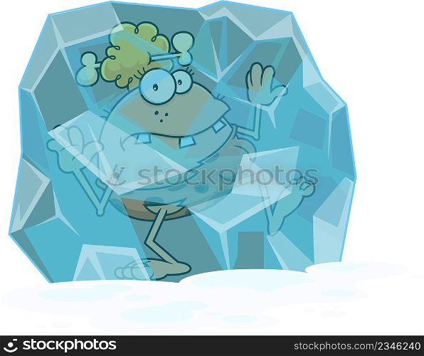 Frozen CaveWoman Cartoon Character In A Block Of Ice. Vector Hand Drawn Illustration Isolated On White Background