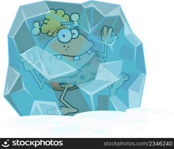 Frozen CaveWoman Cartoon Character In A Block Of Ice. Vector Hand Drawn Illustration Isolated On White Background