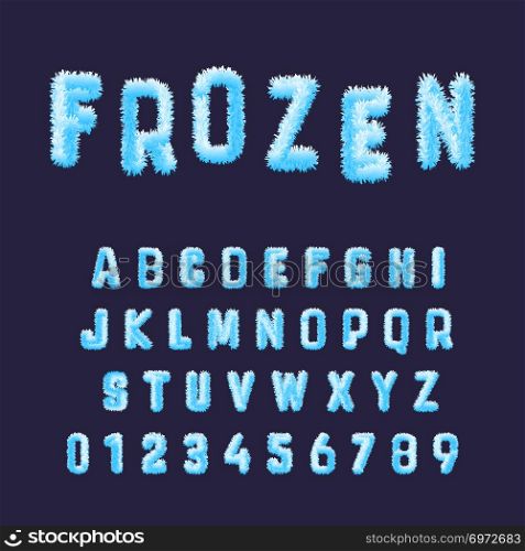 Frozen font alphabet template. Set of blue white hoarfrost numbers and letters. Vector illustration.. Frozen font alphabet template. Set of blue white hoarfrost numbers and letters