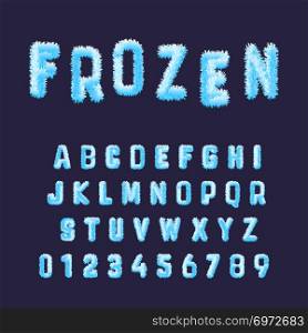 Frozen font alphabet template. Set of blue white hoarfrost numbers and letters. Vector illustration.. Frozen font alphabet template. Set of blue white hoarfrost numbers and letters