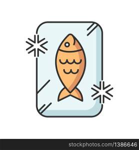 Frozen food RGB color icon. Preserved fish. Frosted organic seafood. Cold uncooked salmon. Fresh tuna in ice. Refrigerator marine food storage. Gastronomy section. Isolated vector illustration. Frozen food RGB color icon