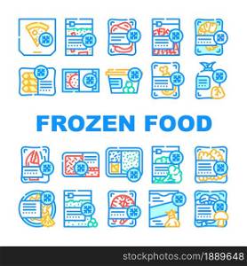 Frozen Food Storage Packaging Icons Set Vector. Broccoli And Mushrooms Vegetable Frozen Nutrition, Crab And Shrimp Seafood, Pizza and Dumplings Delicious Meal Line. Color Illustrations. Frozen Food Storage Packaging Icons Set Vector