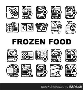 Frozen Food Storage Packaging Icons Set Vector. Broccoli And Mushrooms Vegetable Frozen Nutrition, Crab And Shrimp Seafood, Pizza and Dumplings Delicious Meal Contour Illustrations. Frozen Food Storage Packaging Icons Set Vector