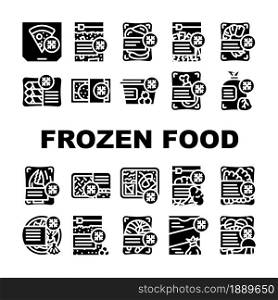 Frozen Food Storage Packaging Icons Set Vector. Broccoli And Mushrooms Vegetable Frozen Nutrition, Crab And Shrimp Seafood, Pizza and Dumplings Delicious Meal Glyph Pictograms Black Illustrations. Frozen Food Storage Packaging Icons Set Vector