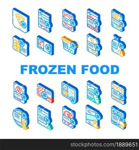 Frozen Food Storage Packaging Icons Set Vector. Broccoli And Mushrooms Vegetable Frozen Nutrition, Crab And Shrimp Seafood, Pizza and Dumplings Delicious Meal Isometric Sign Color Illustrations. Frozen Food Storage Packaging Icons Set Vector