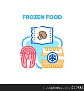 Frozen Food Vector Icon Concept. Fish Steak And Broccoli Vegetables In Bag, Container For Storaging And Carrying Frozen Food. Seafood And Healthy Nutrition Long Storage Color Illustration. Frozen Food Vector Concept Color Illustration