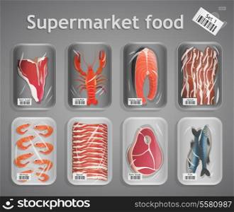 Frozen fresh fish and meat supermarket food in pack decorative elements vector illustration