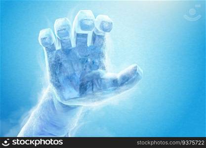 Frozen hand in 3d illustration on blue background, ice sculpture effect. Frozen hand stretching in the air