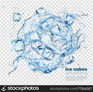 Frozen ice cubes crystals in round water splashes. Realistic vector freeze blocks of melting ice and droplets. 3d water wave splashes of drink with ice pieces isolated on transparent background. Frozen ice cubes crystals in round water splashes