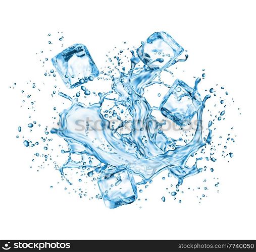 Frozen ice cubes in water splash, realistic liquid wave and transparent crystals. Vector freeze swirl with iced blocks and melting droplets. Isolated 3d graphic element, fresh drink and icy pieces. Frozen ice cubes in water splashes, liquid wave