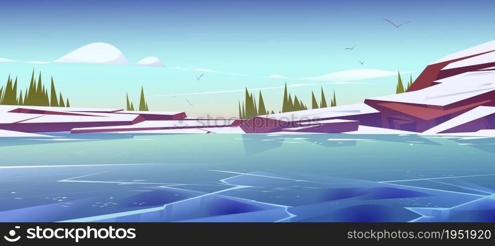 Frozen pond or lake scenery nature landscape. Winter view with rocks, fir-trees and gulls in blue sky. Water surface covered with slippery ice tranquil panoramic background Cartoon vector illustration. Frozen pond or lake scenery nature landscape.