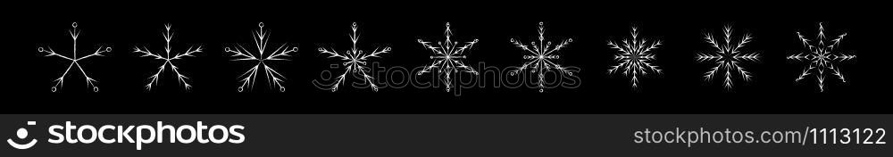 Frozen snowflake symbol collection vector illustration. Chalk style line white snowflakes isolated on blackboard for abstract christmas celebration design or winter season decoration ornament. Chalked frozen snowflake symbol vector collection