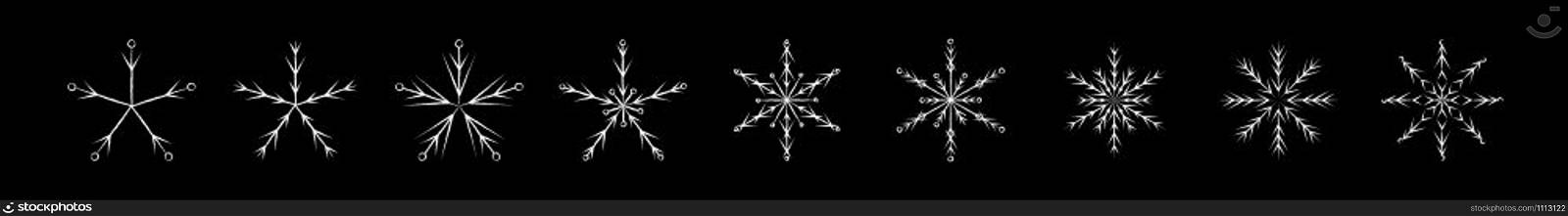 Frozen snowflake symbol collection vector illustration. Chalk style line white snowflakes isolated on blackboard for abstract christmas celebration design or winter season decoration ornament. Chalked frozen snowflake symbol vector collection