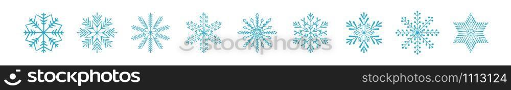 Frozen snowflake symbol collection vector illustration. SImple line blue snowflakes isolated on white background for abstract christmas celebration design or winter season decoration ornament. Frozen snowflake symbol collection vector illustration