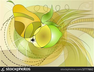 fruit. abstract pear, apple, lemon on a multicolored background