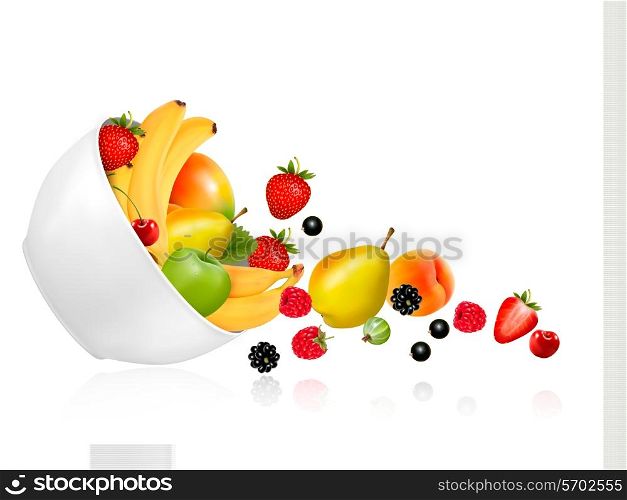 Fruit and berries falling from a bowl. Concept of healthy eating. Vector.