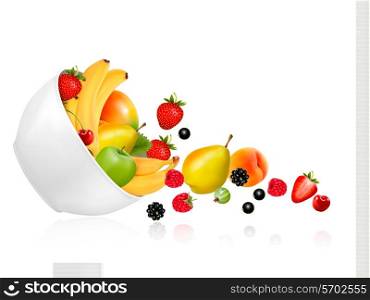 Fruit and berries falling from a bowl. Concept of healthy eating. Vector.