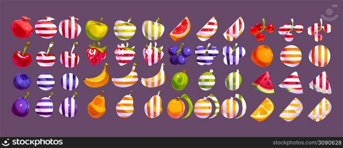 Fruit and berries game icons for casino or mobile app. Blueberry and strawberry, orange and grapefruit, apple and lemon, striped set of ui elements. Fruit or berries game icons for casino, mobile app