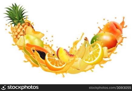 Fruit and berries in juice splash frame. Orange, pineapple, mango, peach, papaya, banana, pear. Vector.