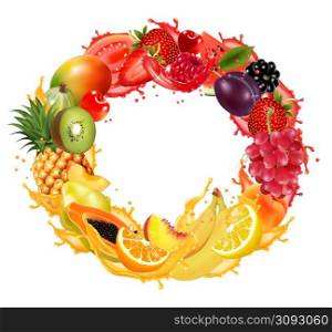 Fruit and berries in juice splash frame. Strawberry, raspberry, blueberry, blackberry, orange, guava, watermelon, pineapple, mango, peach, apple, kiwi, banana. Vector.