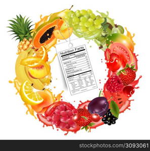 Fruit and berries in juice splash frame with a nutrition facts label. Strawberry, raspberry, blueberry, blackberry, orange, guava, watermelon, pineapple, mango. Vector