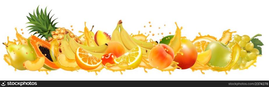 Fruit and berries in juice splash panorama. Orange, pineapple, mango, peach, papaya, banana, pear, orange, grap, pineapple, apple. Vector.