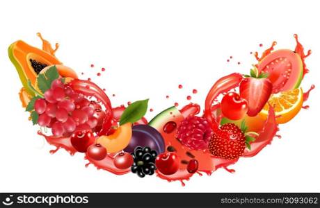 Fruit and berries in juice splash. Papaya, orange, guava, mango, peach, strawberry, vine, pear, raspberry, blackberry, cherry. Vector.
