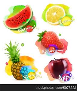 Fruit and berries watercolor, vector illustration set