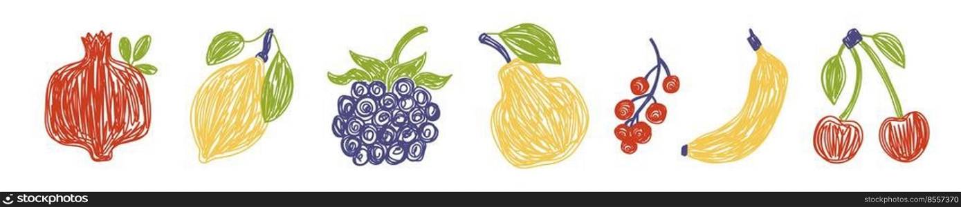 Fruit and berry bundle. Pomegranate, lemon and blackberry. Pear, currant, banana and cherry. Color illustration collection. Vector set. Pen or marker doodle drawing.