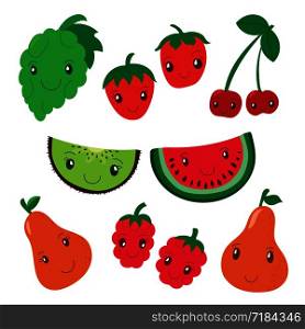 Fruit and berry collection. Vector cartoon smiling characters. Colorful cute set. Fresh healthy food. Vegan menu