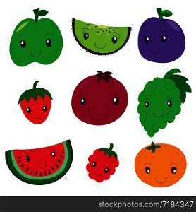 Fruit and berry collection. Vector cartoon smiling characters. Colorful cute set. Fresh healthy food. Apple, kiwi, plum, strawberry, pomegranate, grapes, watermelon, raspberry, tangerine